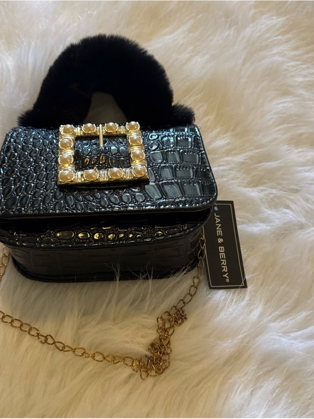 Jane & Berry Black Croc-Embossed Mini Bag with Pearl Buckle
